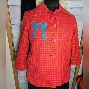 Y2K Banana Republic Pink Orange Tweed Cropped Blazer Jacket Denim Bow Detail
